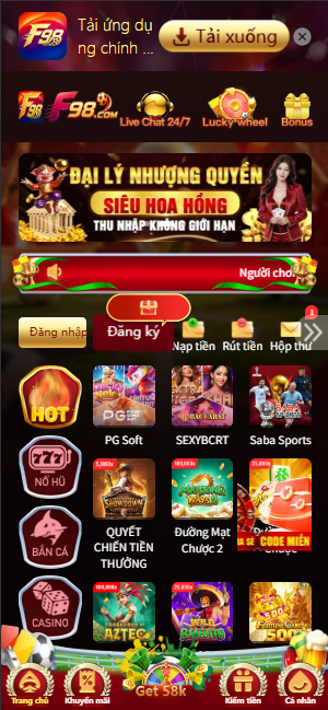 Sảnh game F98 gồm Nổ Hũ, Bắn Cá và Live Casino